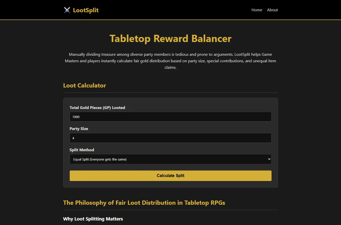 Screenshot of LootSplit: Tabletop Reward Balancer interface showing the project page in use